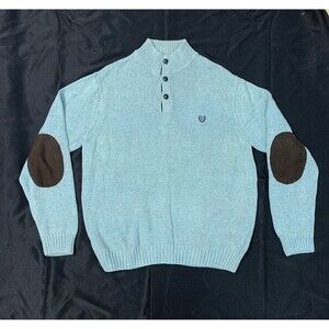 Chaps Men’s 1/4 Button Mock Turtle Neck Elbow Patch Sweater Blue-Green Size XL